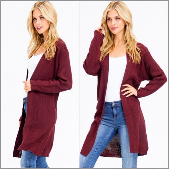 Burgundy Ribbed Open Front Duster Cardigan- Small - Picture 2 of 6